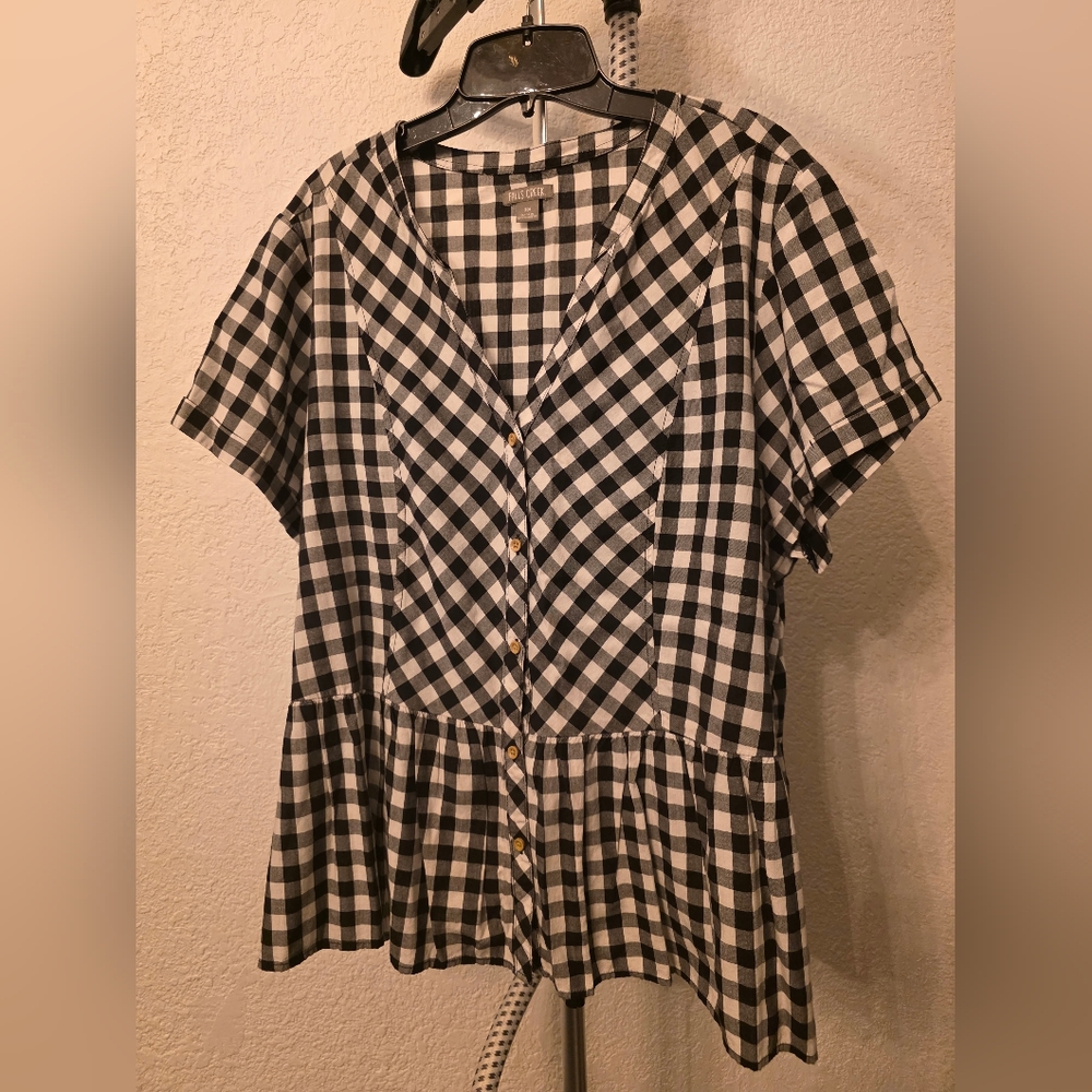 Black and White Gingham Button-Front Peplum Shirt Top Cotton Rayon Women's 2x - Picture 8 of 8